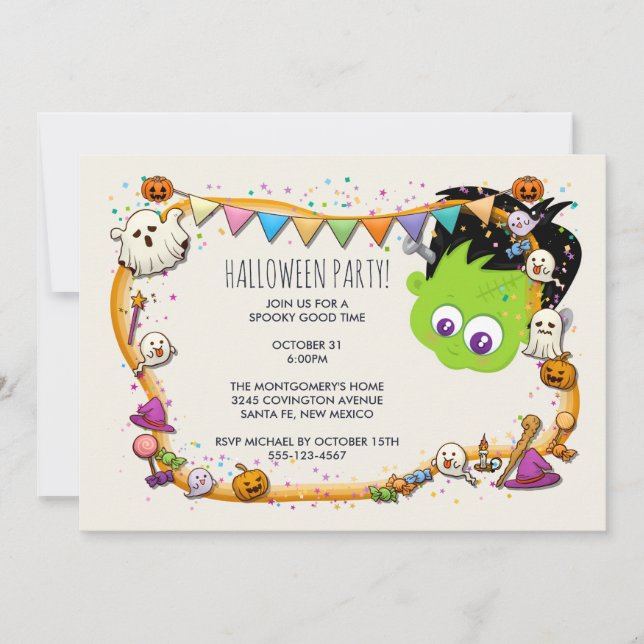Cute Frankenstein Monster & Halloween Ram Party Inbjudningar (Framsida)
