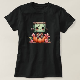 Cute Frankenstein Sitta om Pumpkin med Flowers T Shirt