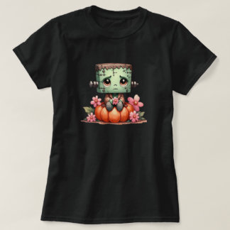Cute Frankenstein Sitta om Pumpkin med Flowers T Shirt