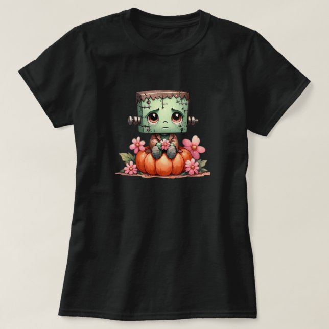 Cute Frankenstein Sitta om Pumpkin med Flowers T Shirt (Design framsida)