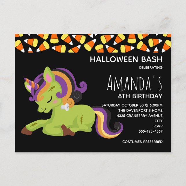 Cute Frankenstein Unicorn Halloween Birthday Inbjudan Vykort (Framsida)