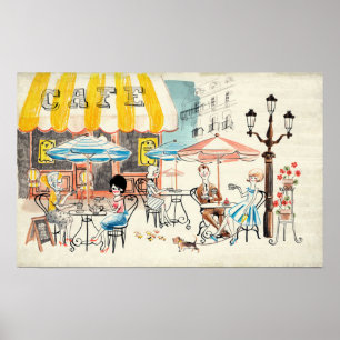 Cute Frankrike Café Scene Sketch Poster