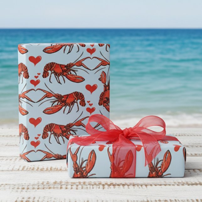 Cute Fransk Blue Du är min lobbare Romantik Presentpapper (Ocean Red Lobster Wrapping Paper with Red Hearts Pattern for Valentine's Day. Cute You're My Lobster)