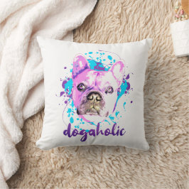 Cute Fransk Bulldog Ansikte Rosa Blue Dogahol Kudde