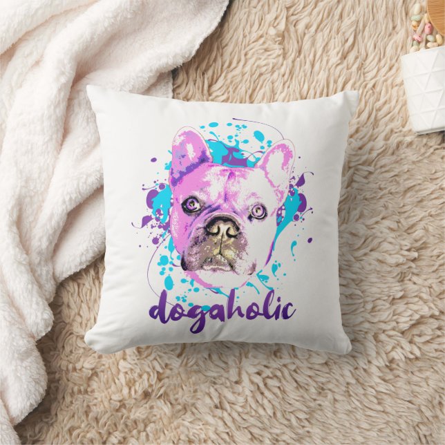 Cute Fransk Bulldog Ansikte Rosa Blue Dogahol Kudde (Filt)