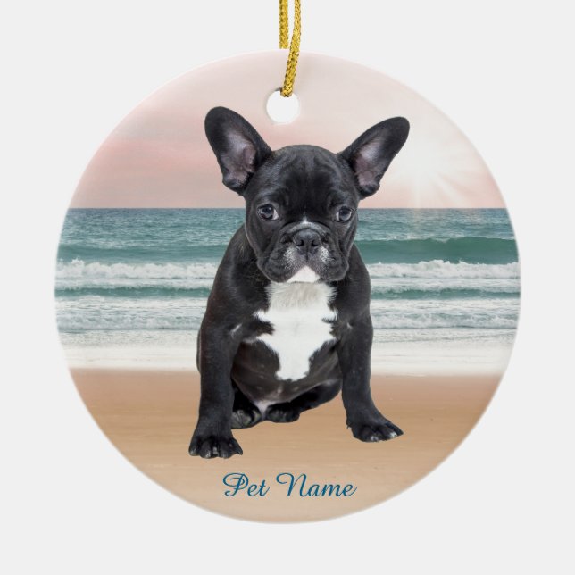 Cute Fransk Bulldog Beach Sol Vatten Julgransprydnad Keramik (Framsidan)