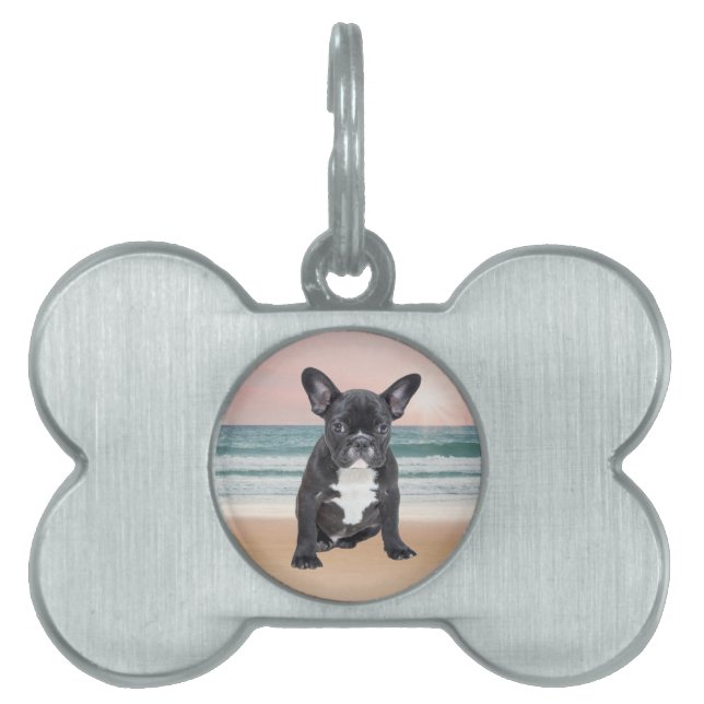 Cute Fransk Bulldog Beach Sol Vatten Namnbricka Husdjur (Framsidan)