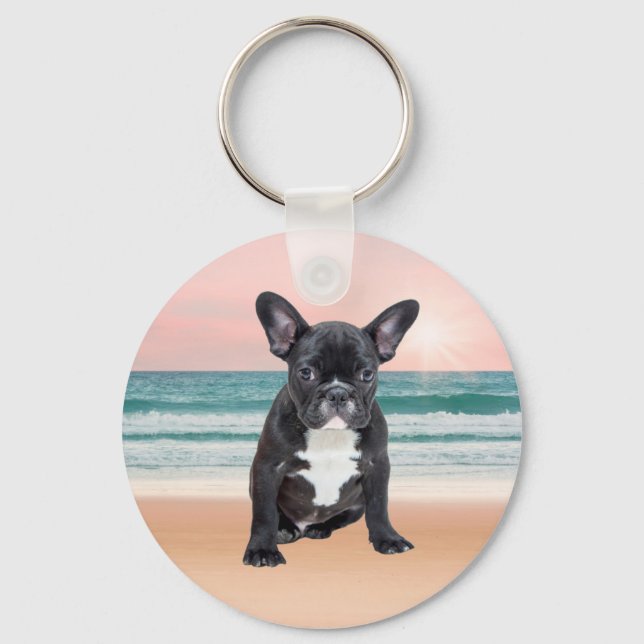 Cute Fransk Bulldog Beach Sol Vatten Nyckelring (Framsida)