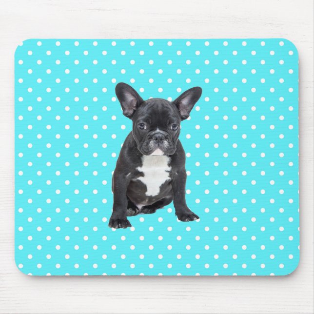 Cute Fransk Bulldog Blue Polka dots Mousepad Musmatta (Framsidan)
