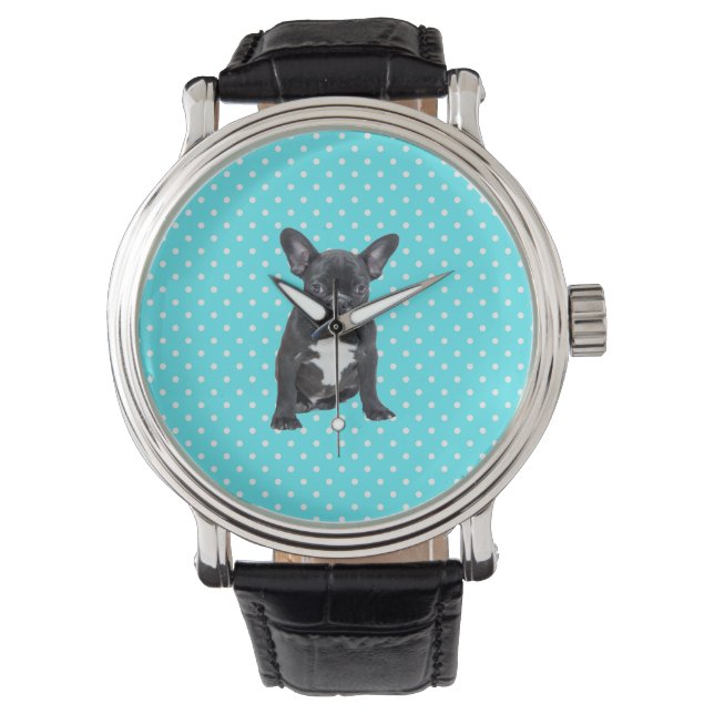 Cute Fransk Bulldog Blue Polka dots Watch Armbandsur (Framsida)