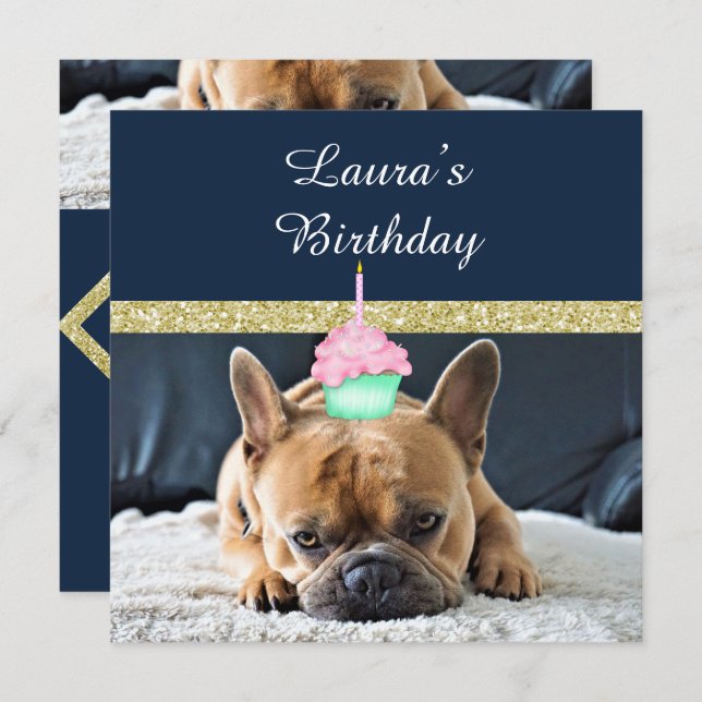 Cute Fransk Bulldog Födelsedagsfest inbjudan NAVY (Fram/baksida)