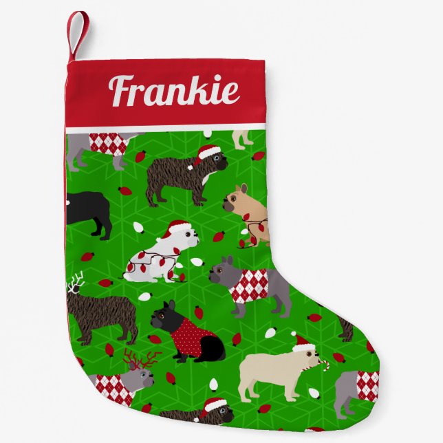 Cute Fransk Bulldog-Grönt Liten Julstrumpa (Framsidan)