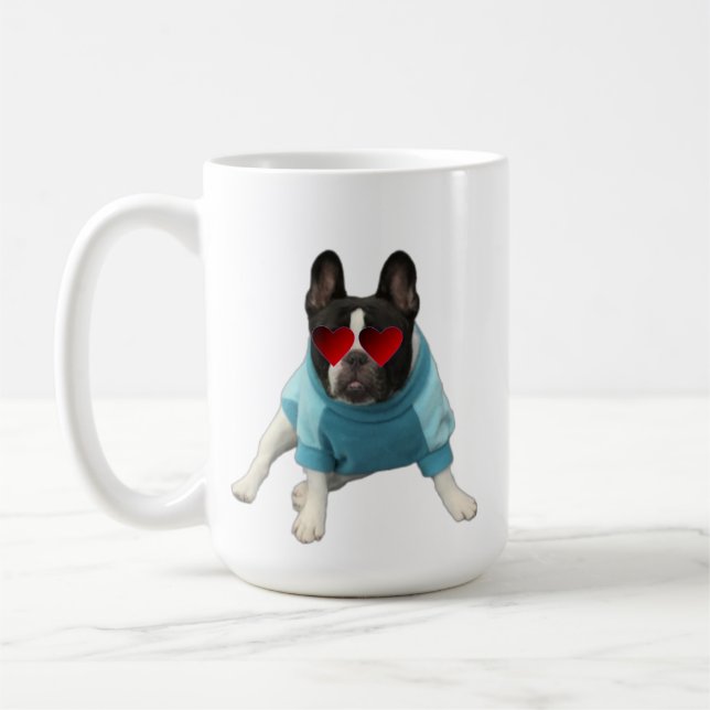 Cute Fransk Bulldog Hearts Blue Red Mugg (Vänster)