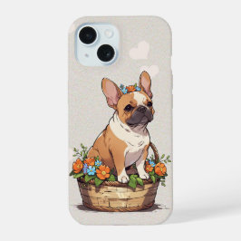 Cute Fransk Bulldog i basket med blommor krona