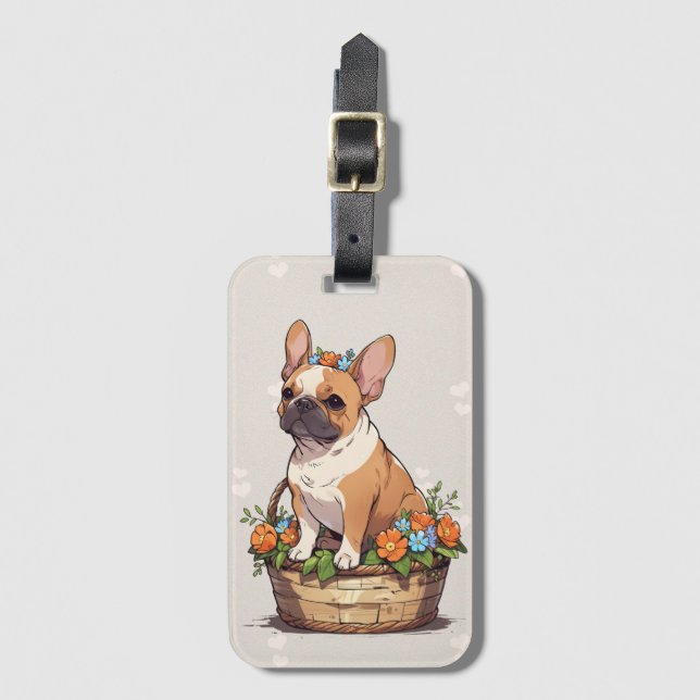 Cute Fransk Bulldog i basket med blommor krona Bagagebricka (Framsida vertikal)