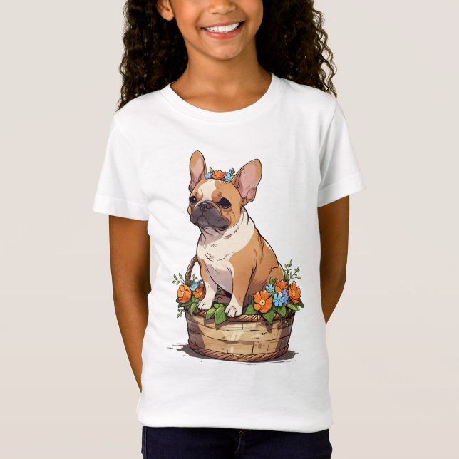 Cute Fransk Bulldog i basket med blommor krona T Shirt (Framsida)