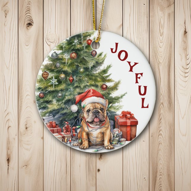 Cute Fransk Bulldog inkapslad i julklapp Ljus Julgransprydnad Keramik (Skapare uppladdad)