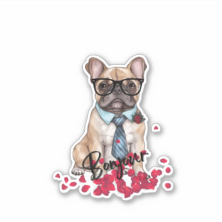 Cute Fransk Bulldog med glasögon och ro-petaler Klistermärken