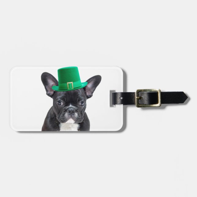 Cute Fransk Bulldog med Hat St. Patrick's Day Bagagebricka (Horisontell Framsida)