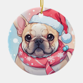 Cute Fransk Bulldog med hatt och scarf Julgransprydnad Keramik