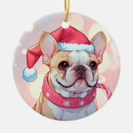 Cute Fransk Bulldog med hatt och scarf Julgransprydnad Keramik