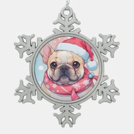 Cute Fransk Bulldog med hatt och scarf Snöflinga Pewter Julgransprydnad