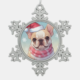 Cute Fransk Bulldog med hatt och scarf Snöflinga Pewter Julgransprydnad