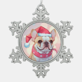 Cute Fransk Bulldog med hatt och scarf Snöflinga Pewter Julgransprydnad