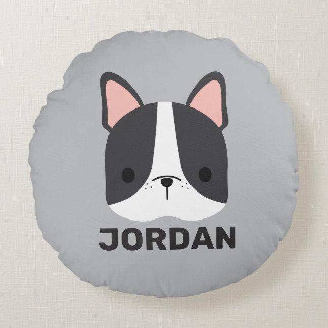 Cute Fransk Bulldog med Personlig Namn Rund Kudde (Framsidan)