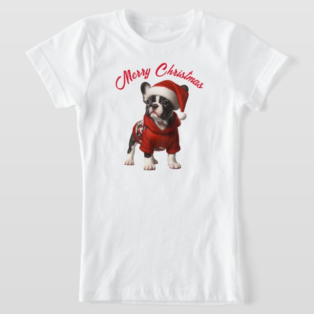 Cute Fransk Bulldog och Santa Hat T Shirt (Laydown)