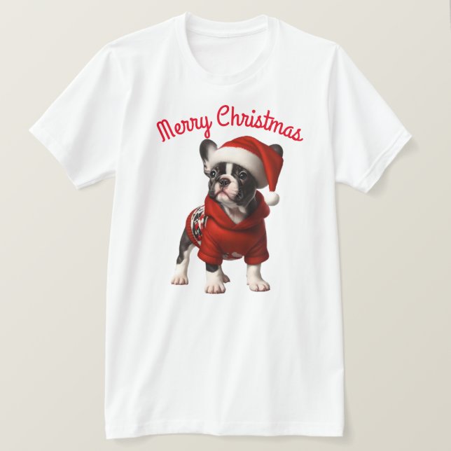 Cute Fransk Bulldog och Santa Hat T Shirt (Design framsida)