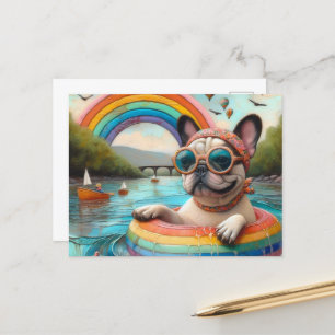 Cute Fransk Bulldog på ett Färg Flutit regnbåge Vykort