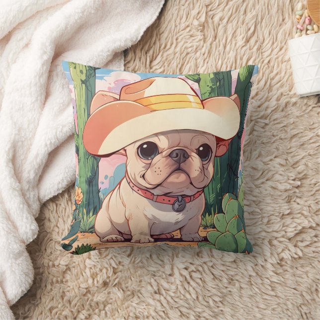 Cute Fransk Bulldog Pastel cowboyen Kudde (Filt)