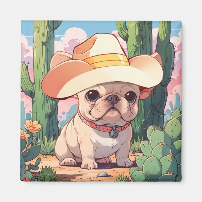 Cute Fransk Bulldog Pastel cowboyen Magnet (Framsidan)