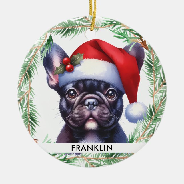 Cute Fransk Bulldog-Personligen Pet Hund Julgransprydnad Keramik (Framsidan)