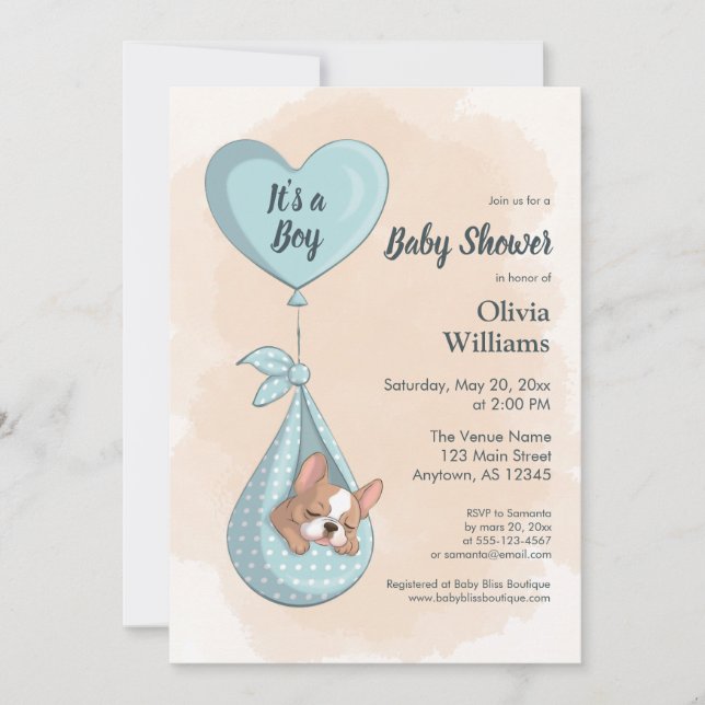 Cute Fransk Bulldog Puppy Blue Heart Baby Shower Inbjudningar (Framsida)