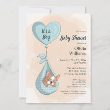 Cute Fransk Bulldog Puppy Blue Heart Baby Shower