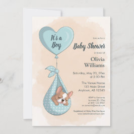 Cute Fransk Bulldog Puppy Blue Heart Baby Shower Inbjudningar