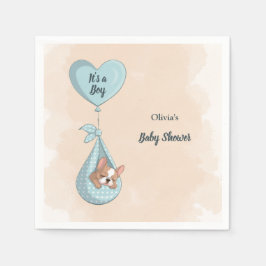 Cute Fransk Bulldog Puppy Blue Heart Baby Shower Pappersservett