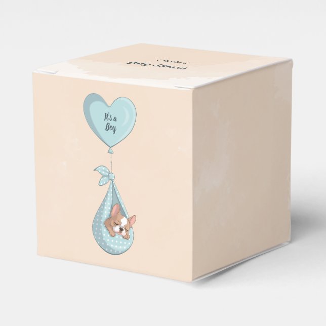 Cute Fransk Bulldog Puppy Blue Heart Baby Shower Presentaskar (Framsidan Sidan)