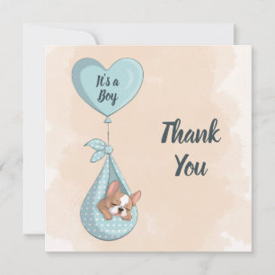Cute Fransk Bulldog Puppy Blue Heart Baby Shower Tack Kort