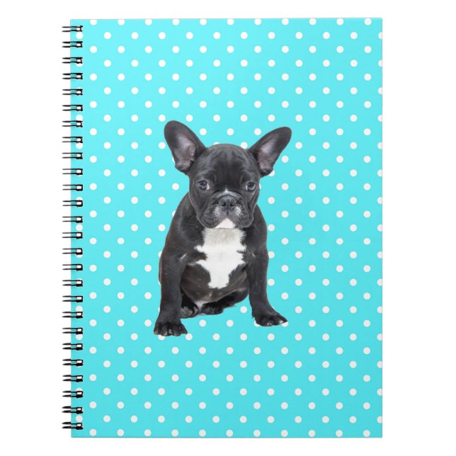 Cute Fransk Bulldog Puppy Blue Polka dots Anteckningsbok Med Spiral (Framsidan)