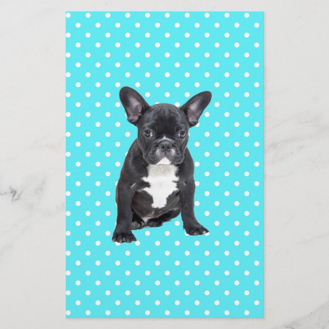 Cute Fransk Bulldog Puppy Blue Polka dots Brevpapper (Framsida)