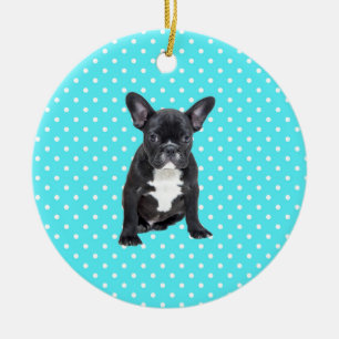 Cute Fransk Bulldog Puppy Blue Polka dots Julgransprydnad Keramik