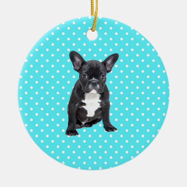 Cute Fransk Bulldog Puppy Blue Polka dots Julgransprydnad Keramik (Framsidan)