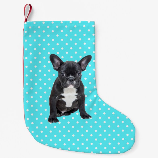 Cute Fransk Bulldog Puppy Blue Polka dots Liten Julstrumpa (Framsidan)