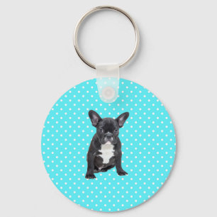 Cute Fransk Bulldog Puppy Blue Polka dots Nyckelring
