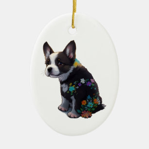 Cute Fransk Bulldog Puppy Flowers Julgransprydnad Keramik