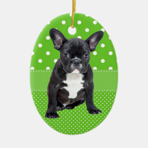 Cute Fransk Bulldog Puppy Grönt Polka dots Julgransprydnad Keramik