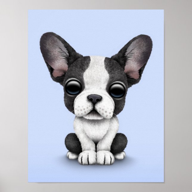 Cute Fransk Bulldog Puppy Hund på Light Blue Poster (Framsidan)